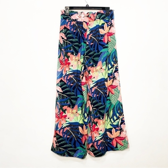 Loft Wide Leg Linen-Blend Tropical Palm Print Pull-On Crop Palazzo Pants, size S - Picture 2 of 8